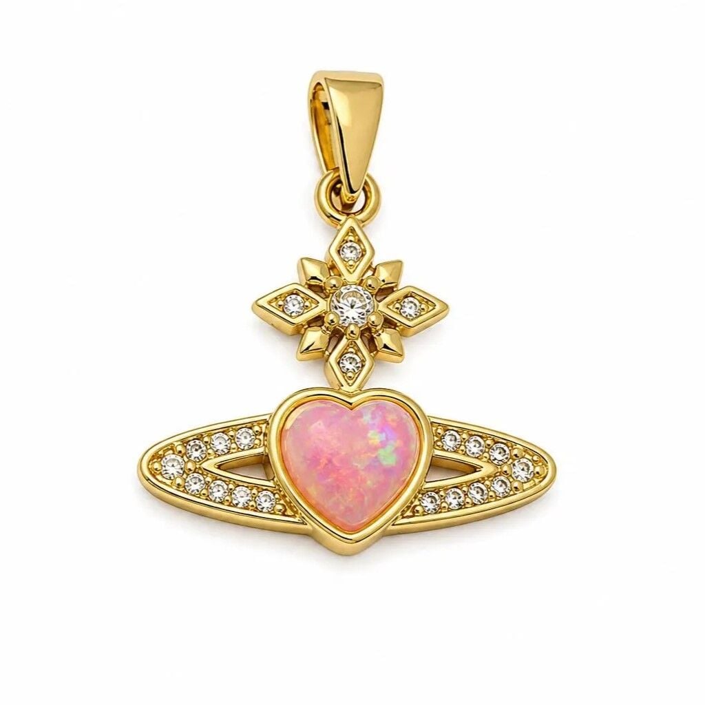 Pembe Opal Kalp Satürn Kolye Ucu