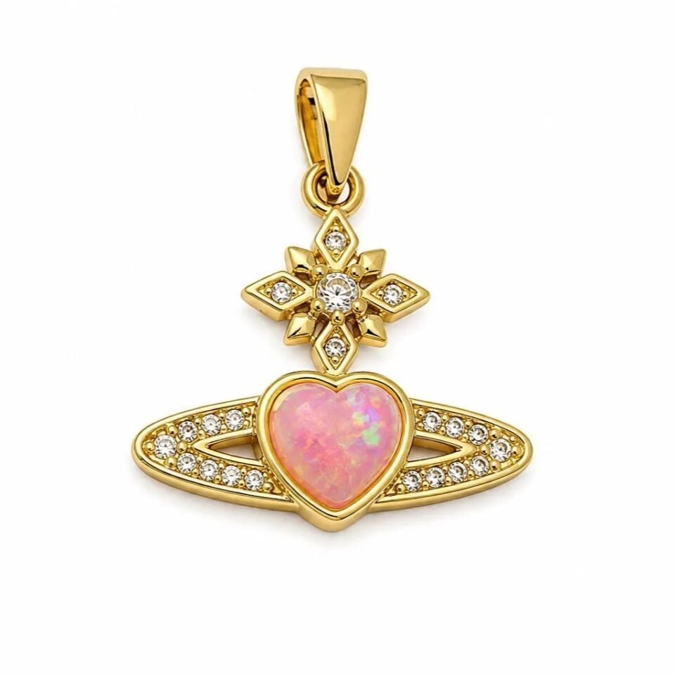 Pembe Opal Kalp Satürn Kolye Ucu